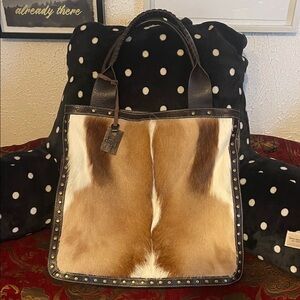 Diane Gail Cowhide Leather Tote with Stud Trim - Brown & White